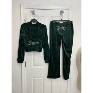 NWT Juicy Couture Size L Velour Bling Tracksuit Set Pine Dark Green Y2K